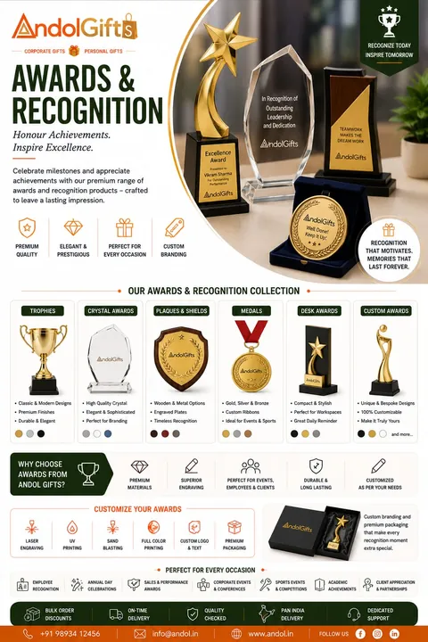 Andol Gifts awards catalogue: trophies, crystal awards, plaques and shields, medals, desk awards and custom awards