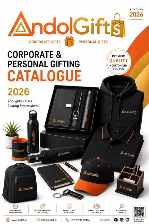 Cover of the Andol Gifts 2026 corporate and personal gifting catalogue showing branded gift sets, hoodie, polo, cap, backpack, umbrella and bottles