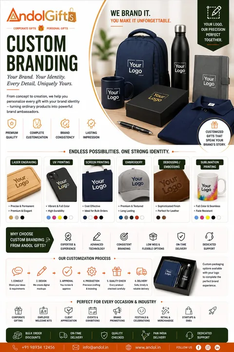 Andol Gifts custom branding catalogue: laser engraving, UV printing, screen printing, embroidery, debossing and sublimation