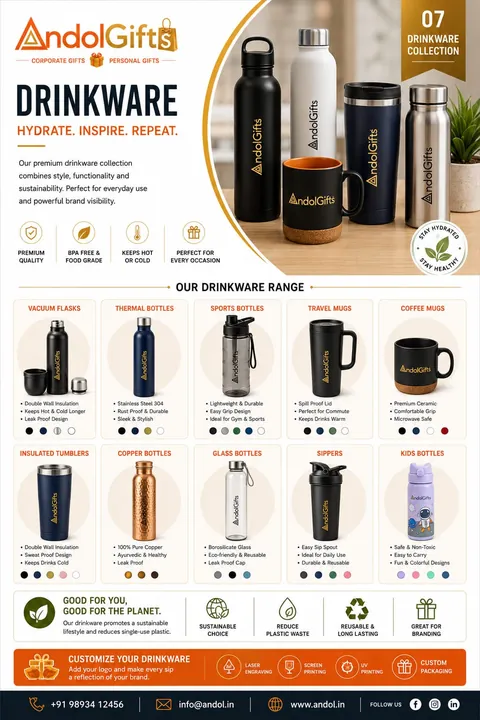 Andol Gifts drinkware catalogue: vacuum flasks, thermal, sports, copper and glass bottles, travel and coffee mugs, tumblers and sippers