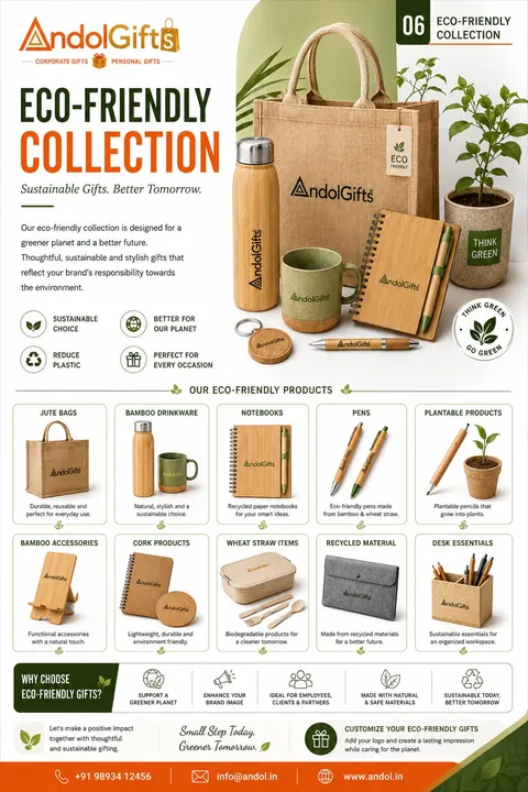 Andol Gifts eco-friendly collection catalogue: jute bags, bamboo drinkware, recycled notebooks, pens, plantable products, cork and wheat straw items