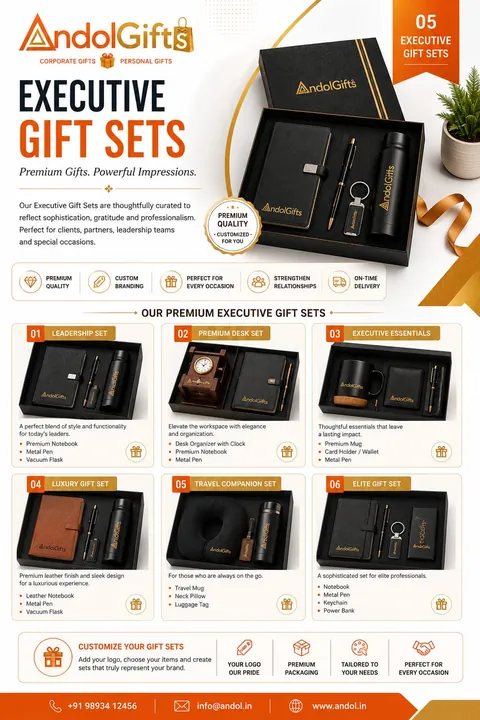 Andol Gifts executive gift sets catalogue: leadership, premium desk, executive essentials, luxury, travel companion and elite sets