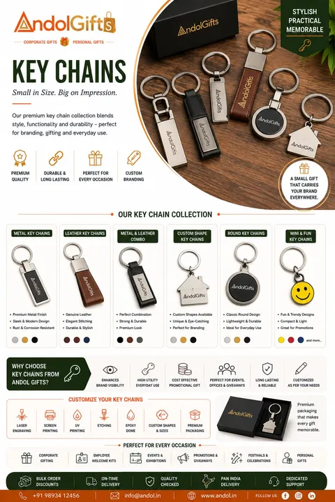 Andol Gifts key chains catalogue: metal, leather, metal and leather combo, custom-shaped, round and mini key chains