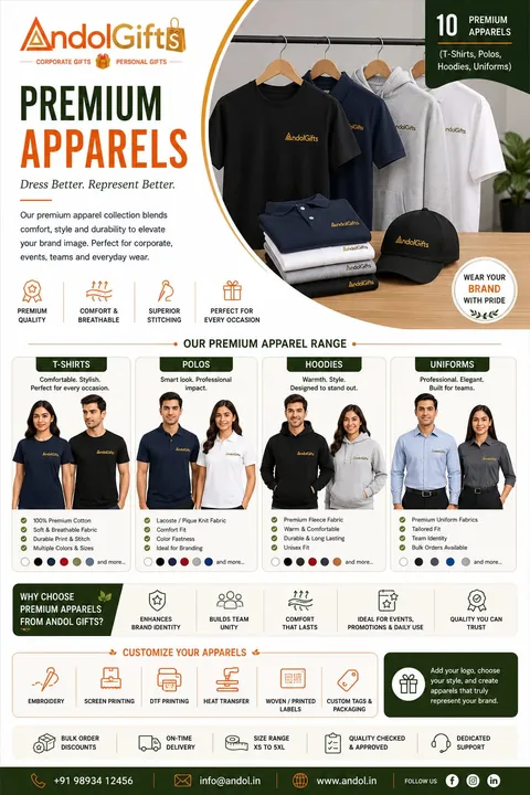 Andol Gifts premium apparel catalogue: branded T-shirts, polos, hoodies and uniforms