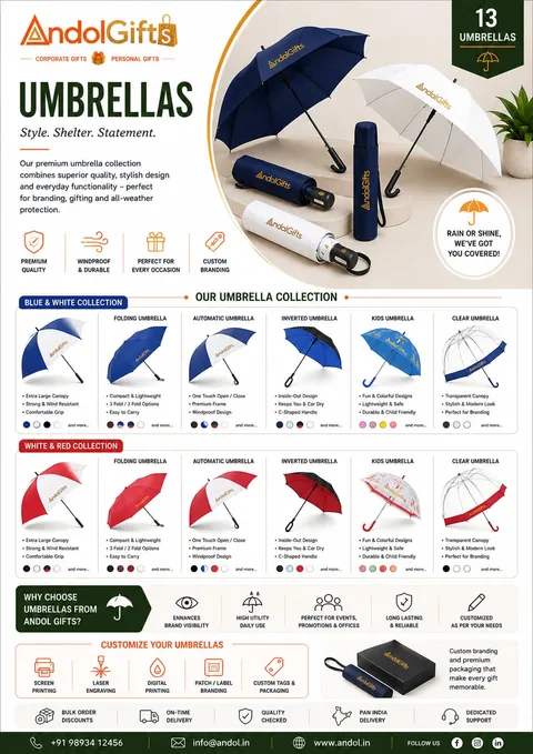 Andol Gifts umbrellas catalogue: folding, automatic, inverted, kids and clear umbrellas in blue, white and red