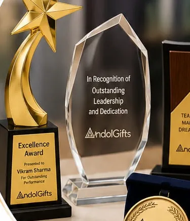 Gold star trophy, engraved crystal award, plaque and medal