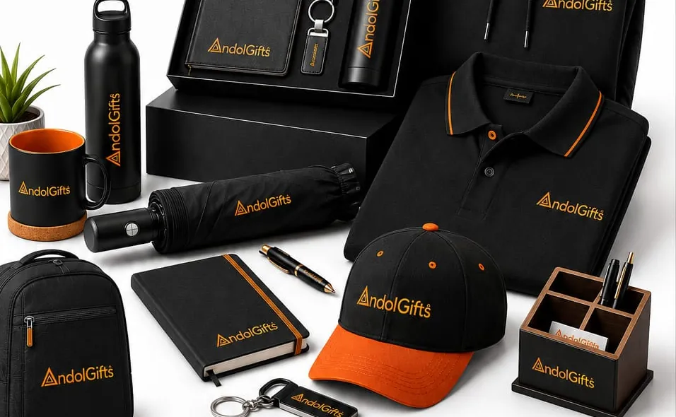 Black corporate gift range with Andol Gifts branding: gift box, bottles, hoodie, polo, cap, backpack and desk organiser
