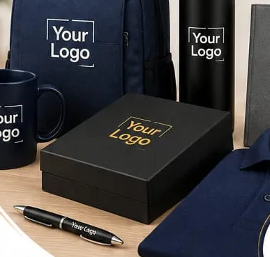 Mockups showing a logo printed on a backpack, mug, bottle, gift box and pen