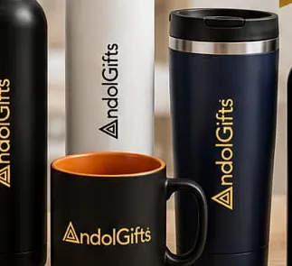 Branded black and white bottles, a black mug with orange interior and a navy tumbler