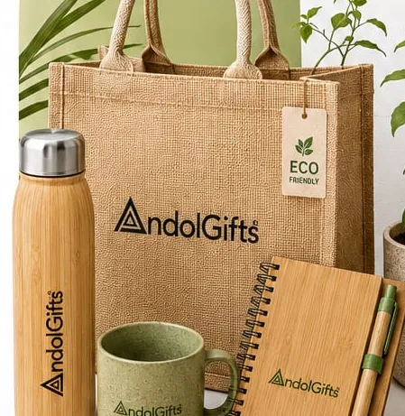 Eco-friendly gifts: branded jute bag, bamboo bottle, ceramic mug and bamboo-cover notebook