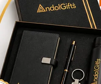 Executive gift box with branded notebook, pen, key chain and black insulated bottle