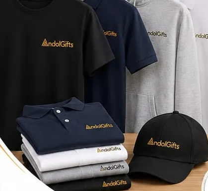 Branded black T-shirt, navy polo, grey hoodie, folded polos and a black cap