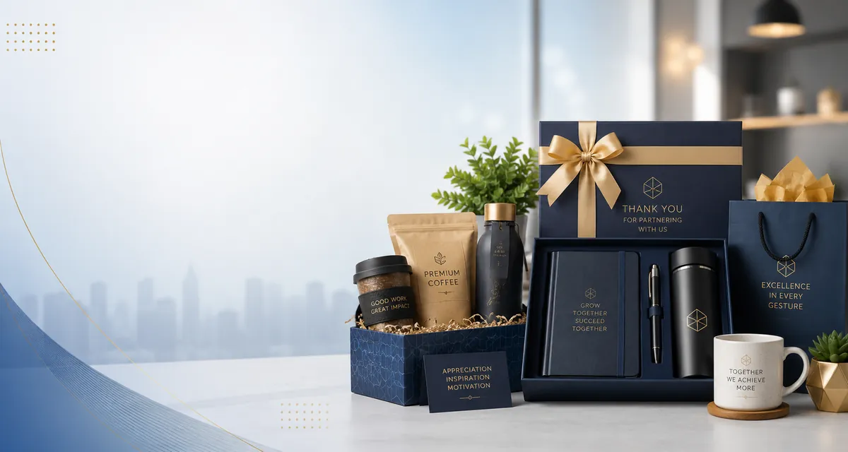 Navy and gold corporate gift set with gift box, notebook, pen, bottle, coffee pouch, candle and mug